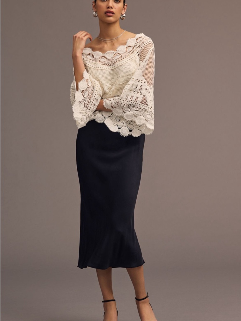 FARM Rio Morada Boa Guipure Blouse Crochet Coastal Resort Off White Size L - Picture 2 of 13
